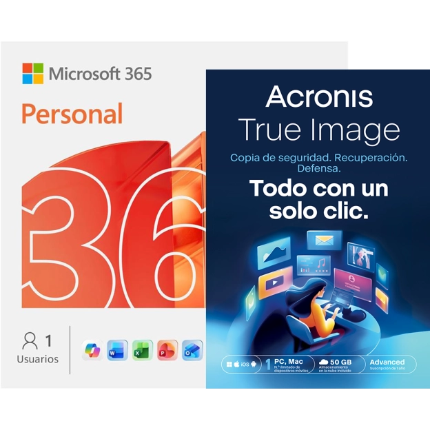 Microsoft 365 Personal + Acronis True Image Advanced | 50 GB en la Nube | 1 PC | 1 Año