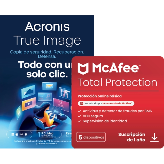 Acronis True Image Essentials | 1 PC | 1 Año + McAfee Total Protection | 5 PC | 1 Año