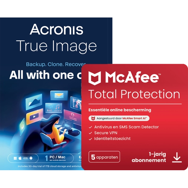 Acronis True Image Essentials | 1 PC | 1 Jaar + McAfee Total Protection | 5 PC | 1 Jaar