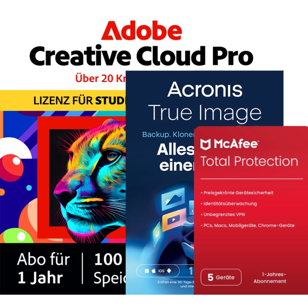 Adobe Creative Cloud Pro Student & Teacher + McAfee Total Protection + Acronis Essentials | 1 Jahr