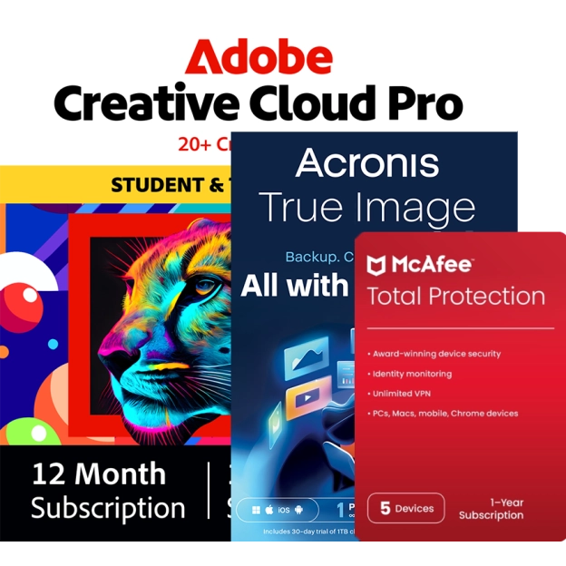 Adobe Creative Cloud Pro Student & Teacher + McAfee Total Protection + Acronis Essentials | 1 Year