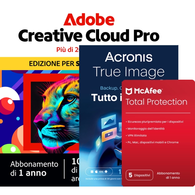 Adobe Creative Cloud Pro Student & Teacher + McAfee Total Protection + Acronis Essentials | 1 anno