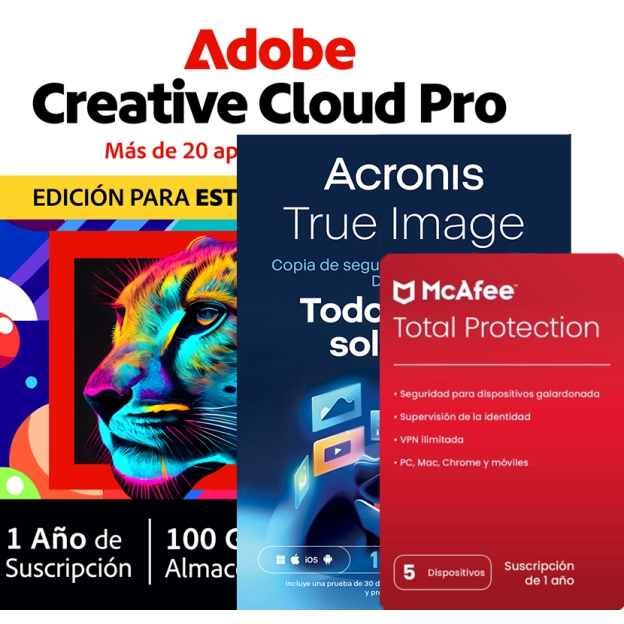 Adobe Creative Cloud Pro Student & Teacher + McAfee Total Protection + Acronis Essentials | 1 Año