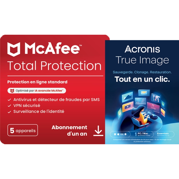 McAfee Total Protection | 5 PC | 1 an + Acronis True Image Essentials | 1 PC | 1 an