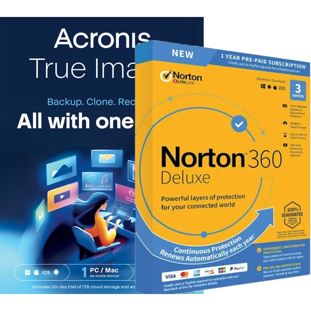 Acronis True Image Essentials | 1 PC | 1 vuosi + Norton 360 Deluxe | 3 laitetta