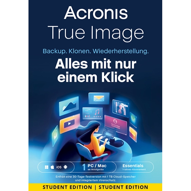 Acronis True Image Essentials 2026 | Studentenversion | 1 PC | 1 Jahr | Mobile/Tablet inklusive
