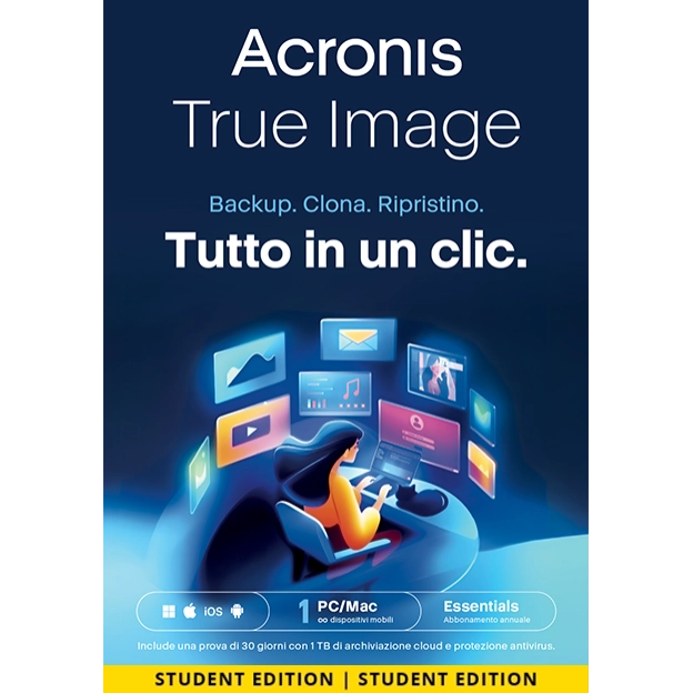 Acronis True Image Essentials 2026 | Versione per studenti | 1 PC | 1 anno | Mobile/Tablet incluso