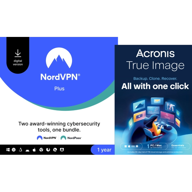NordVPN Plus | 10 laitetta | 1 vuosi | Sisältää NordPassin + ILMAINEN Acronis True Image Essentials | 1 PC | 1 vuosi