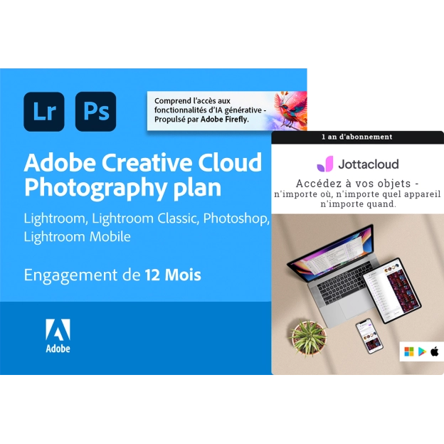 Adobe Photography Plan + Jottacloud Personal Unlimited | 1 utilisateur | 1 an