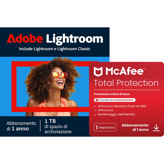 Adobe Lightroom CC + McAfee Total Protection | 1 dispositivo | 1 TB di archiviazione cloud