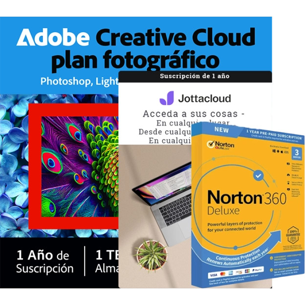 Plan de Fotografía de Adobe 1 TB + Norton 360 Deluxe 3 PC + Jottacloud Personal | 1 Año