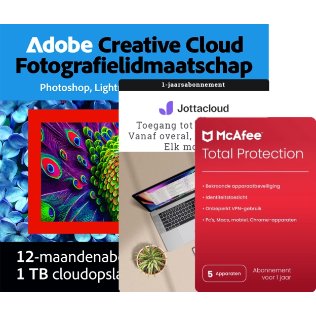 Adobe Photography Plan 1 TB + McAfee Total Protection 5 PC + Jottacloud Home | 1 Jaar