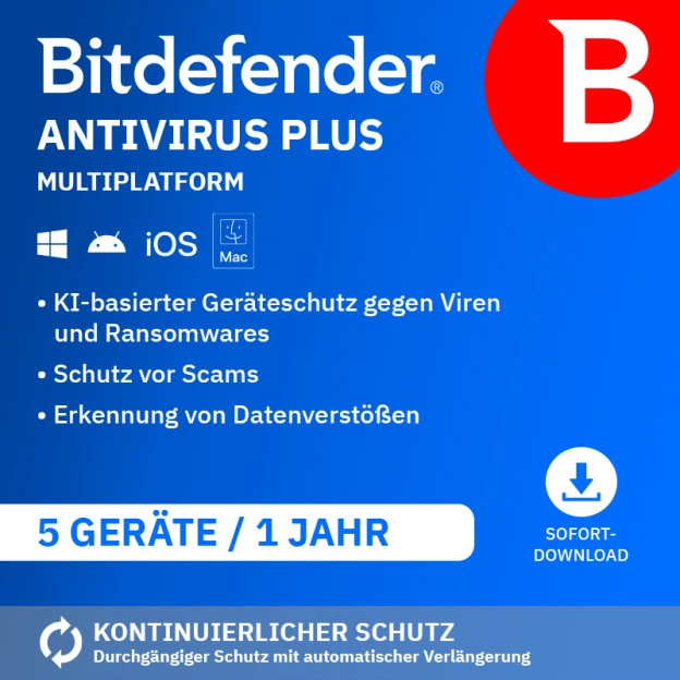 Bitdefender Antivirus Plus Multiplatform 2026 | 5 Geräte | 1 Jahr