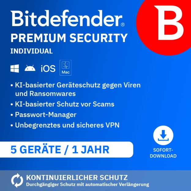 Bitdefender Premium Security Individual 2026 | 5 Geräte | 1 Jahr