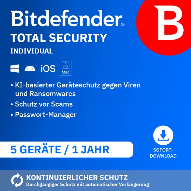 Bitdefender Total Security Individual 2026 | 5 Geräte | 1 Jahr