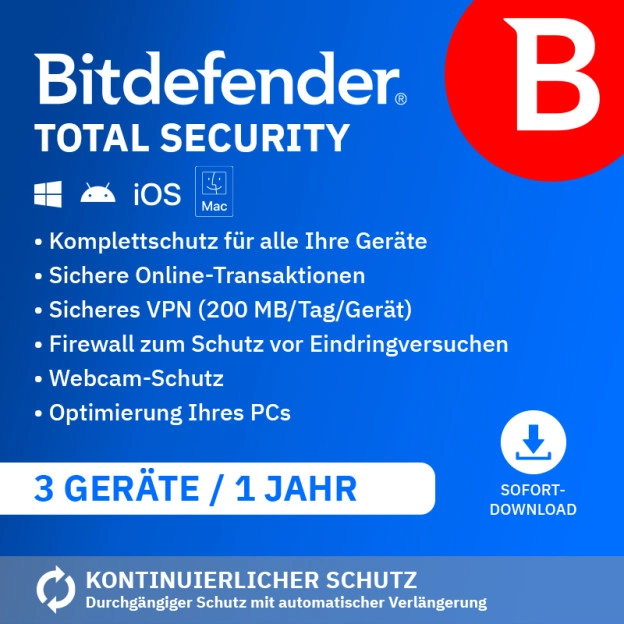 Bitdefender Total Security Standard  2026 | 3 Geräte | 1 Jahr