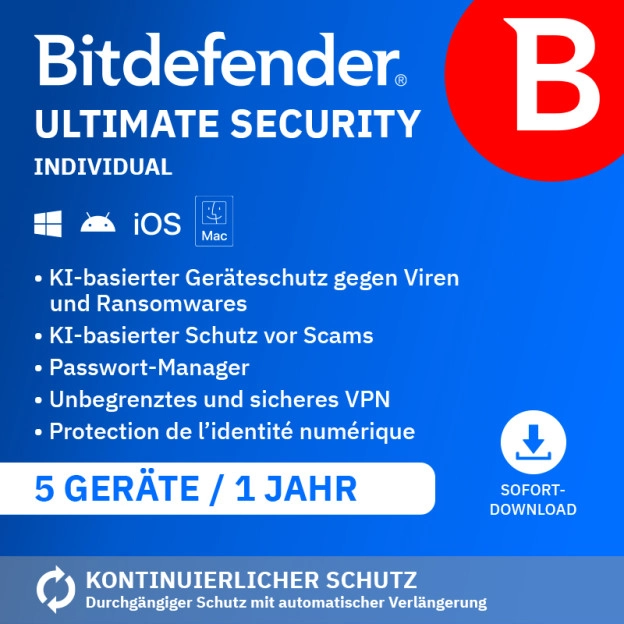 Bitdefender Ultimate Security Individual 2026 | 5 Geräte | 1 Jahr