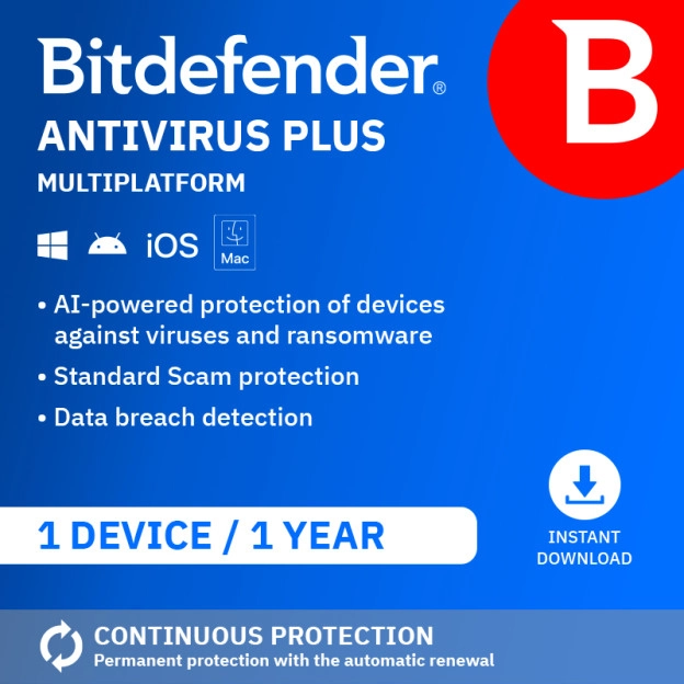 Bitdefender Antivirus Plus Multiplatform 2026 | 1 Device | 1 Year