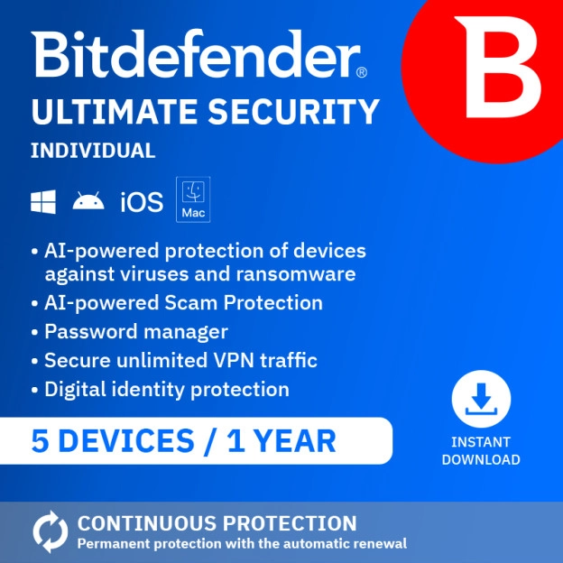 Bitdefender Ultimate Security Individual 2026 | 5 Devices | 1 Year 