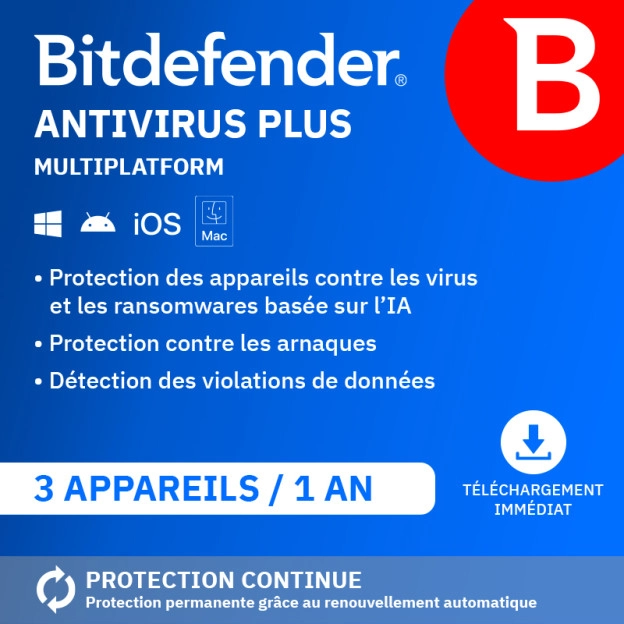 Bitdefender Antivirus Plus Multiplatform 2026 | 3 Appareils | 1 an | Multiplatform
