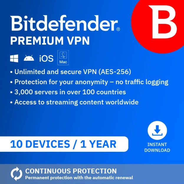 Bitdefender Premium VPN 2026 | 10 Devices | 1 year