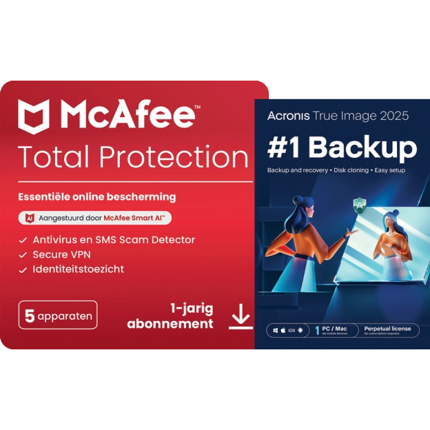 McAfee Total Protection | 5 PC | 1 Jaar + Acronis True Image Essentials | 1 PC | 1 Jaar
