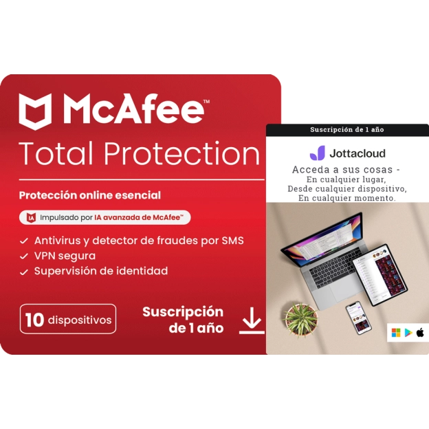 McAfee Total Protection 2026 | 10 Dispositivos + Jottacloud Personal Unlimited | Almacenamiento seguro ilimitado en la nube