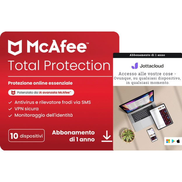 McAfee Total Protection 2026 | 10 Dispositivi + Jottacloud Personal Unlimited | Archiviazione cloud protetta illimitata
