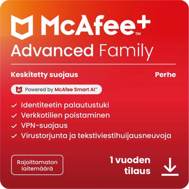 McAfee+ Advanced Family | 1 vuosi | Rajoittamaton määrä laitteita | Windows - Mac - iOS - Android - ChromeOS