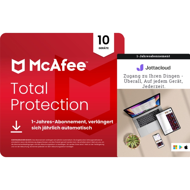 McAfee Total Protection 2026 | 10 Geräte + Jottacloud Personal Unlimited | Unbegrenzter gesicherter Cloud-Speicher