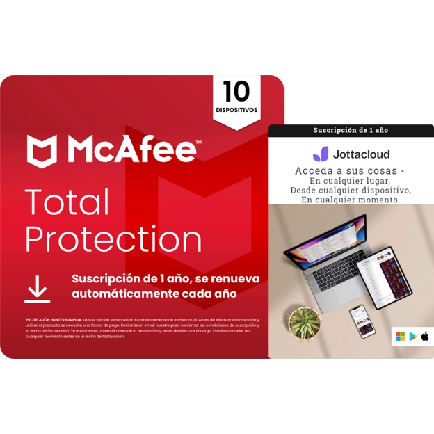 McAfee Total Protection 2026 | 10 Dispositivos + Jottacloud Personal Unlimited | Almacenamiento seguro ilimitado en la nube