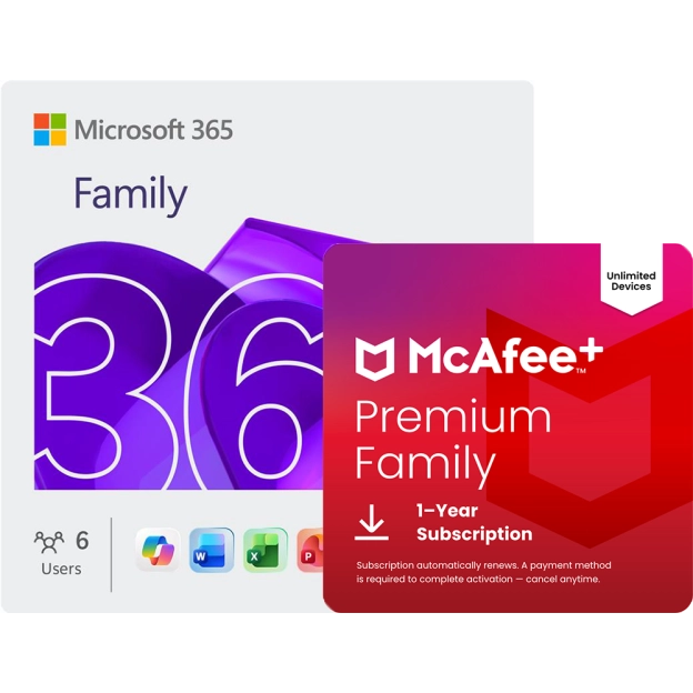 Microsoft 365 Family + McAfee+ Premium Family | 1 Year