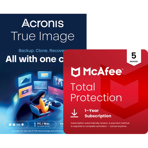 Acronis True Image Essentials | 1 PC | 1 Year + McAfee Total Protection | 5 PC | 1 Year