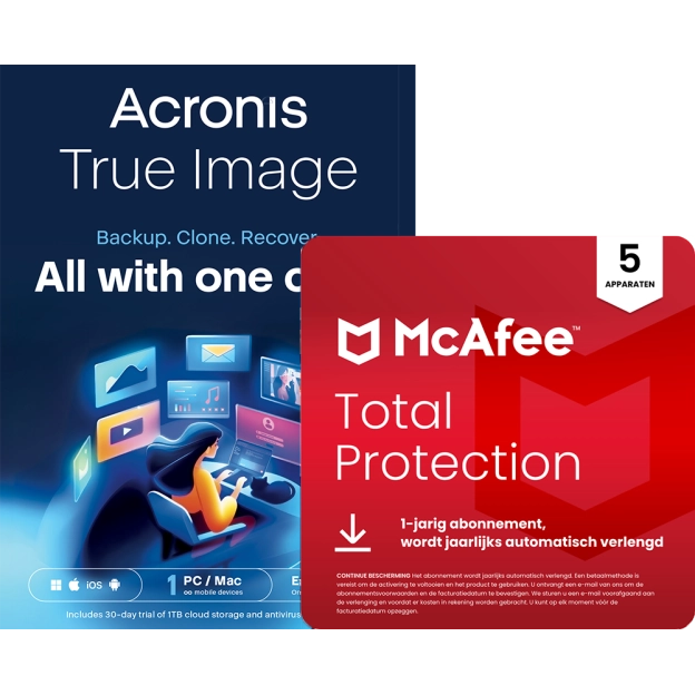 Acronis True Image Essentials | 1 PC | 1 Jaar + McAfee Total Protection | 5 PC | 1 Jaar