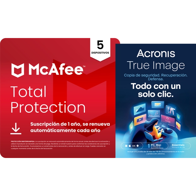 McAfee Total Protection | 5 PC | 1 año + Acronis True Image Essentials | 1 PC | 1 año