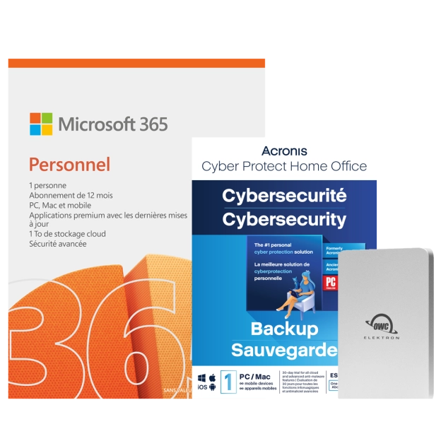 Microsoft 365 Personnel | 1 utilisateur - 1 an | Acronis Cyber Protect Home Office Essentials | Disque dur externe OWC gratuit