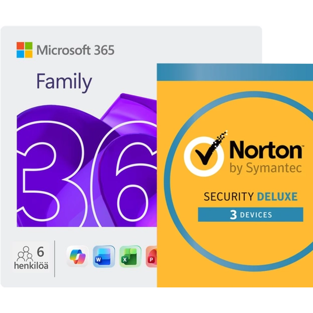 Microsoft 365 Family + Norton Security Deluxe | 3 laitetta | 1 vuosi