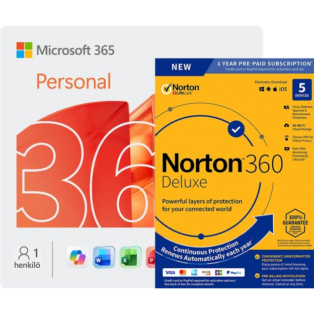 Microsoft 365 Personal + Norton 360 Deluxe | 5 Laitetta | 1 Vuosi