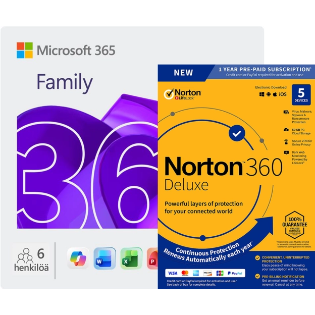 Microsoft 365 Family + Norton 360 Deluxe | 5 Laitetta | 1 Vuosi