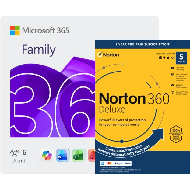 Microsoft 365 Family + Norton 360 Deluxe | 5 Dispositivi | 1 Anno