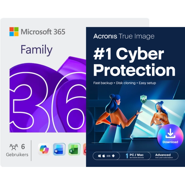 Microsoft 365 Family + Acronis True Image Advanced | 50 GB Cloud | 1 PC | 1 Jaar