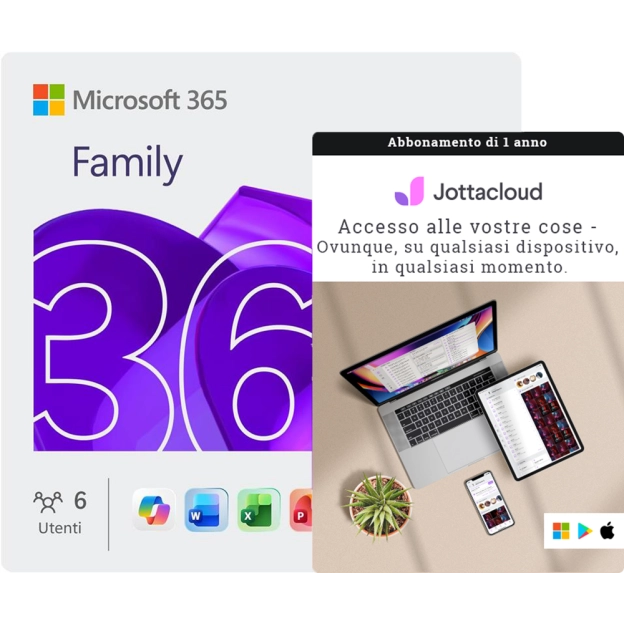 Microsoft 365 Family + Jottacloud Personal Unlimited | 1 Anno | Archiviazione cloud illimitata