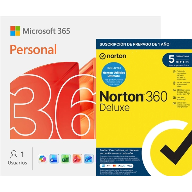 Microsoft 365 Personal + Norton 360 Deluxe con Norton Utilities | 5 Dispositivos | 1 Año