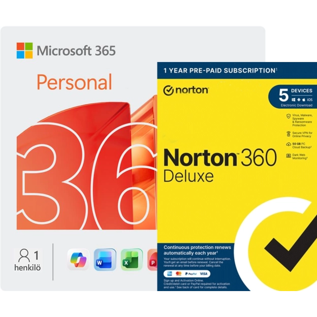 Microsoft 365 Personal + Norton 360 Deluxe ja Norton Utilities | 5 Laitetta | 1 Vuosi