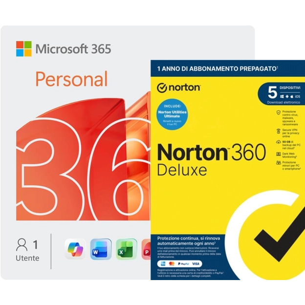 Microsoft 365 Personal + Norton 360 Deluxe con Norton Utilities | 5 Dispositivi | 1 Anno