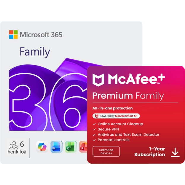 Microsoft 365 Family + McAfee+ Premium Family | 1 vuosi