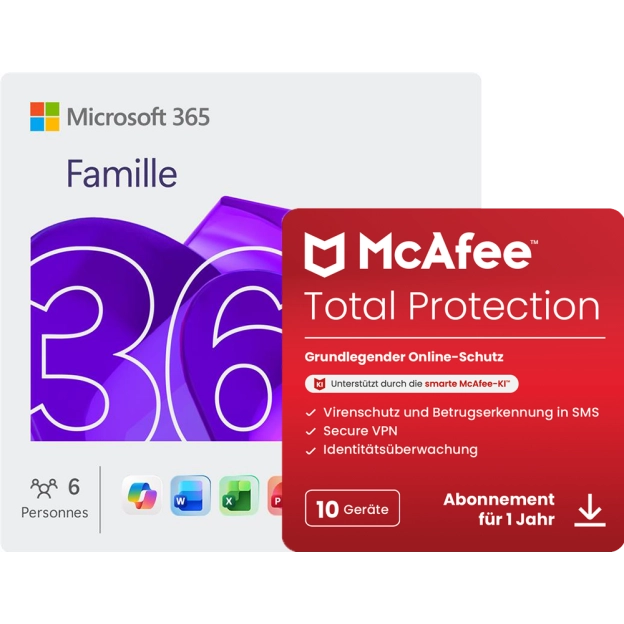 Microsoft 365 Family + McAfee Total Protection | 10 Geräte | 1 Jahr 