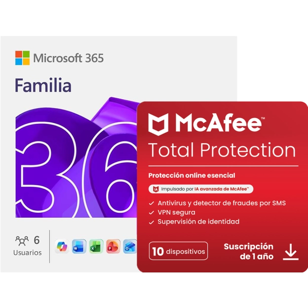 Microsoft 365 Familia + McAfee Total Protection | 10 Dispositivos | 1 Año