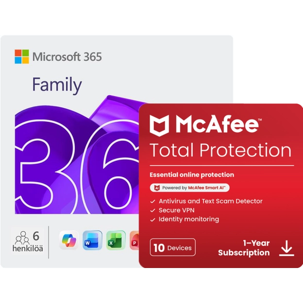 Microsoft 365 Family + McAfee Total Protection | 10 laitetta | 1 vuosi