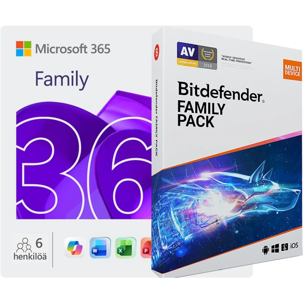 Microsoft 365 Family | 6 käyttäjää + Bitdefender Family Pack | Rajoittamaton määrä käyttäjiä | 1 vuosi